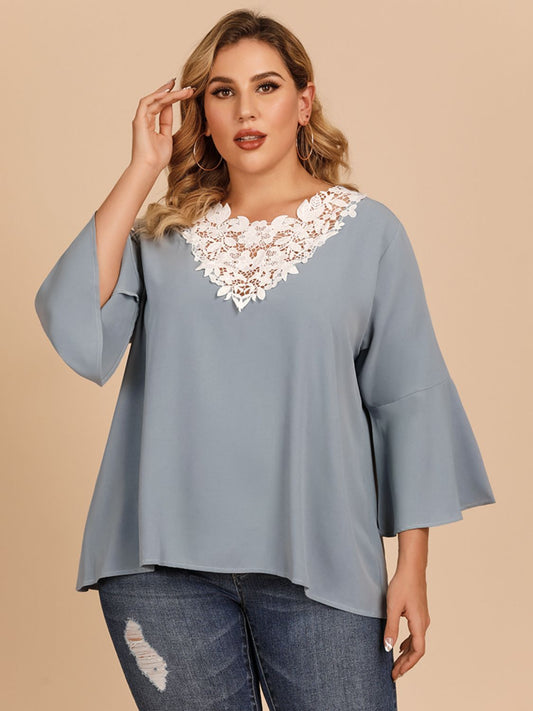 Plus Size Contrast Spliced Lace Three-Quarter Sleeve Blouse-Teresa&#39;s Fashionista LLC