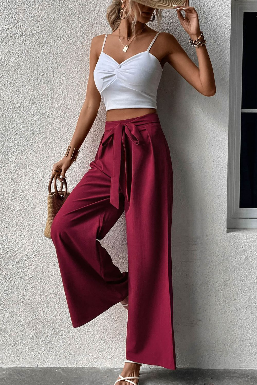 Tie Front Wide Leg Pants-Teresa&#39;s Fashionista LLC