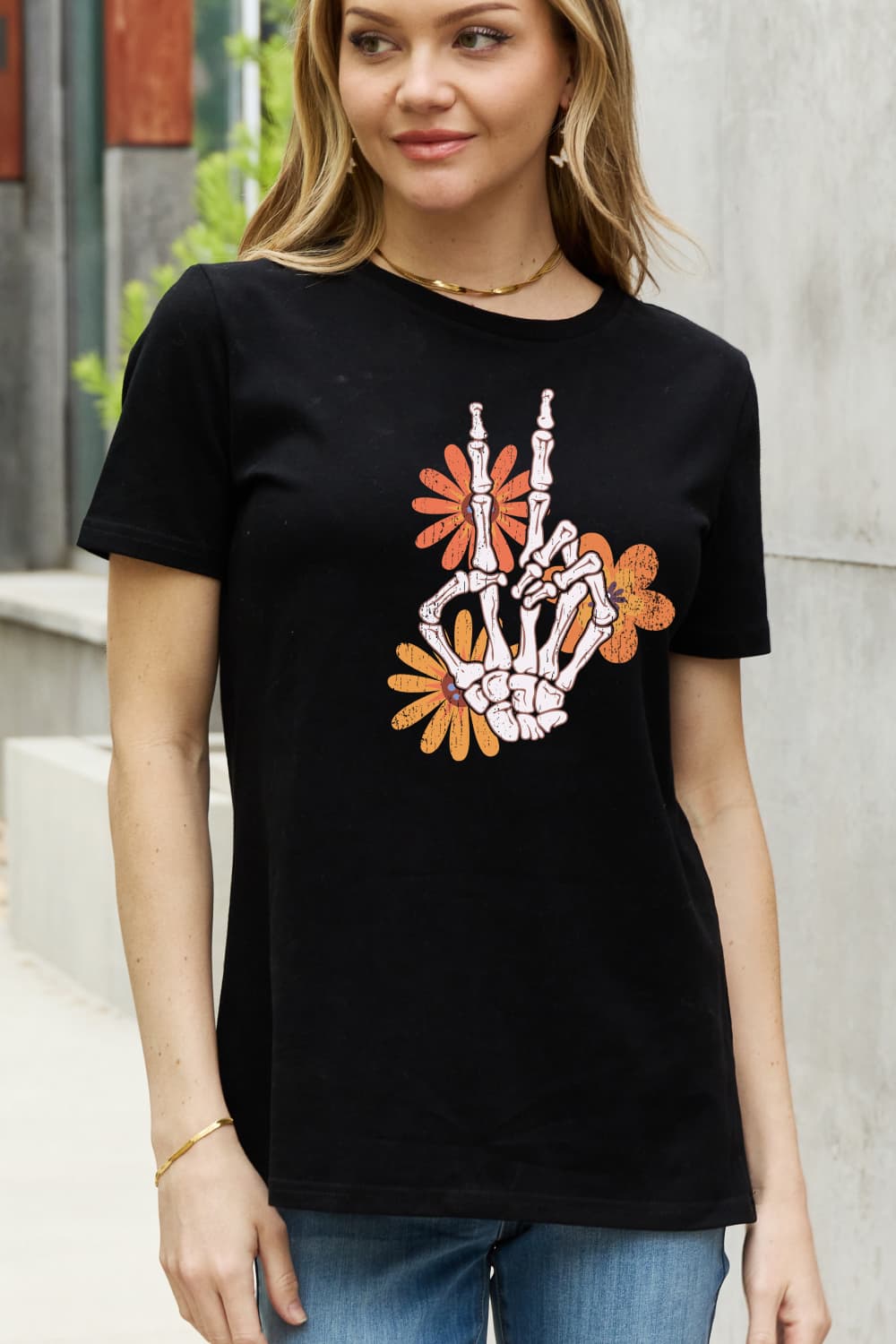 Simply Love Full Size Skeleton Hand Graphic Cotton Tee-Teresa&#39;s Fashionista LLC