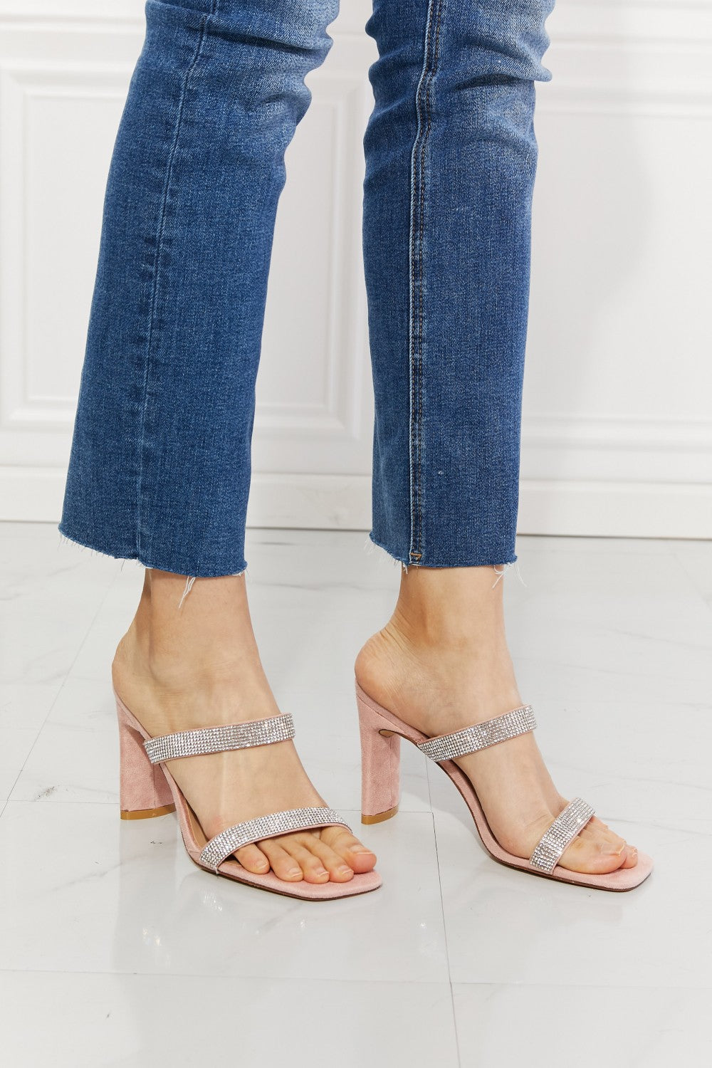 MMShoes Leave A Little Sparkle Rhinestone Block Heel Sandal in Pink-Teresa&#39;s Fashionista LLC