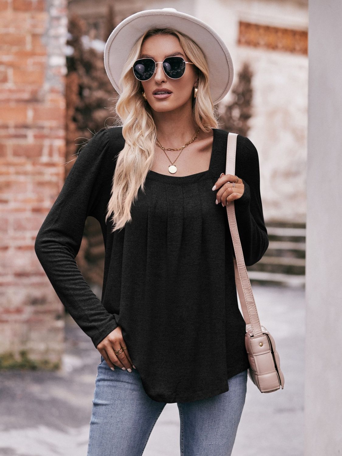 Pleated Detail Curved Hem Long Sleeve Top-Teresa&#39;s Fashionista LLC