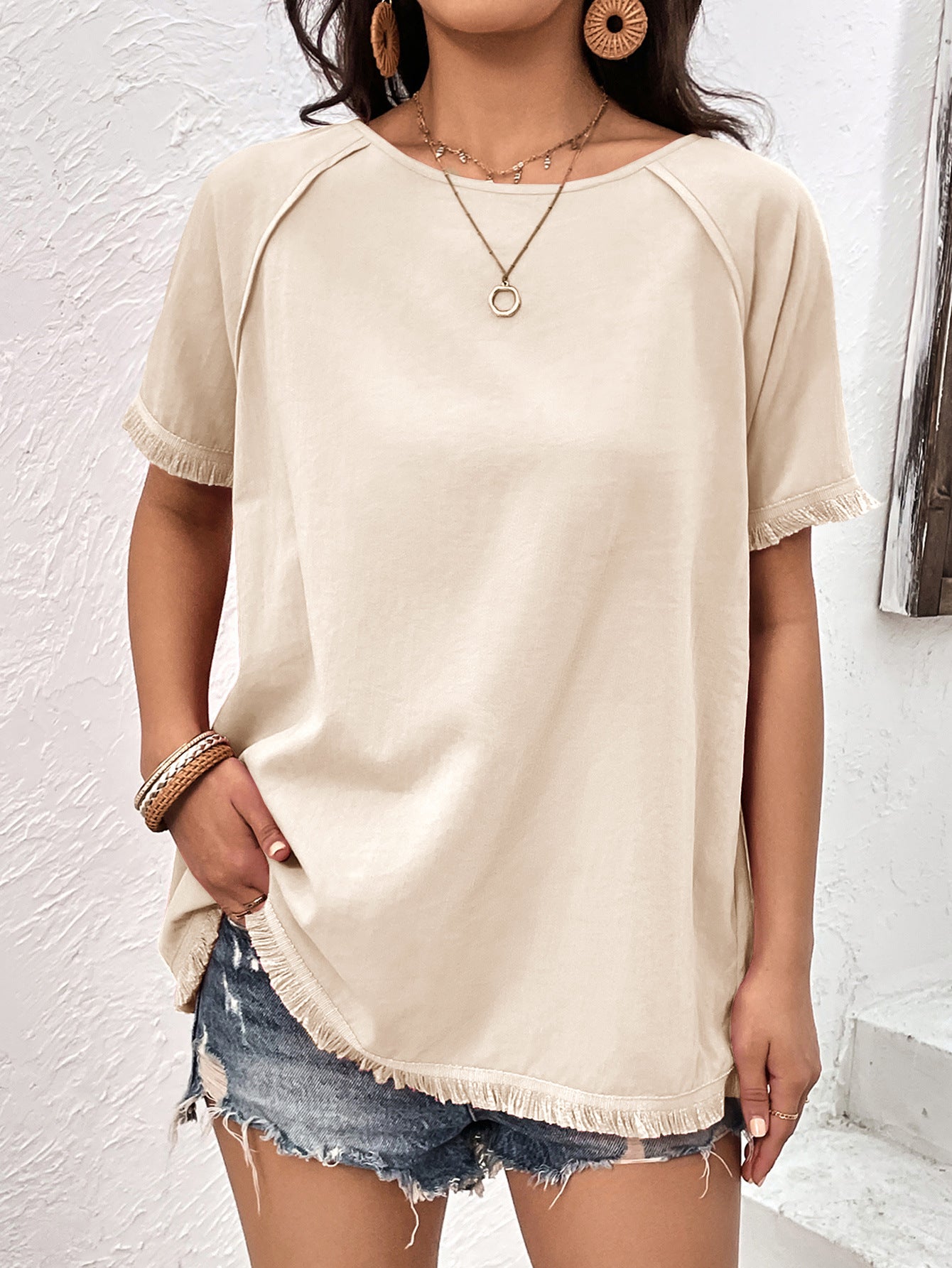 Round Neck Raglan Sleeve Fringe Detail Top-Teresa&#39;s Fashionista LLC