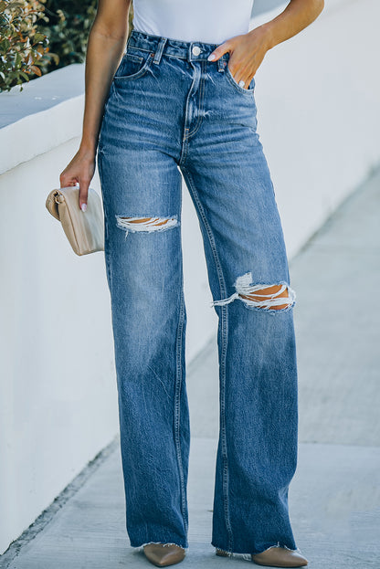 High-Rise Distressed Raw Hem Jeans-Teresa&#39;s Fashionista LLC