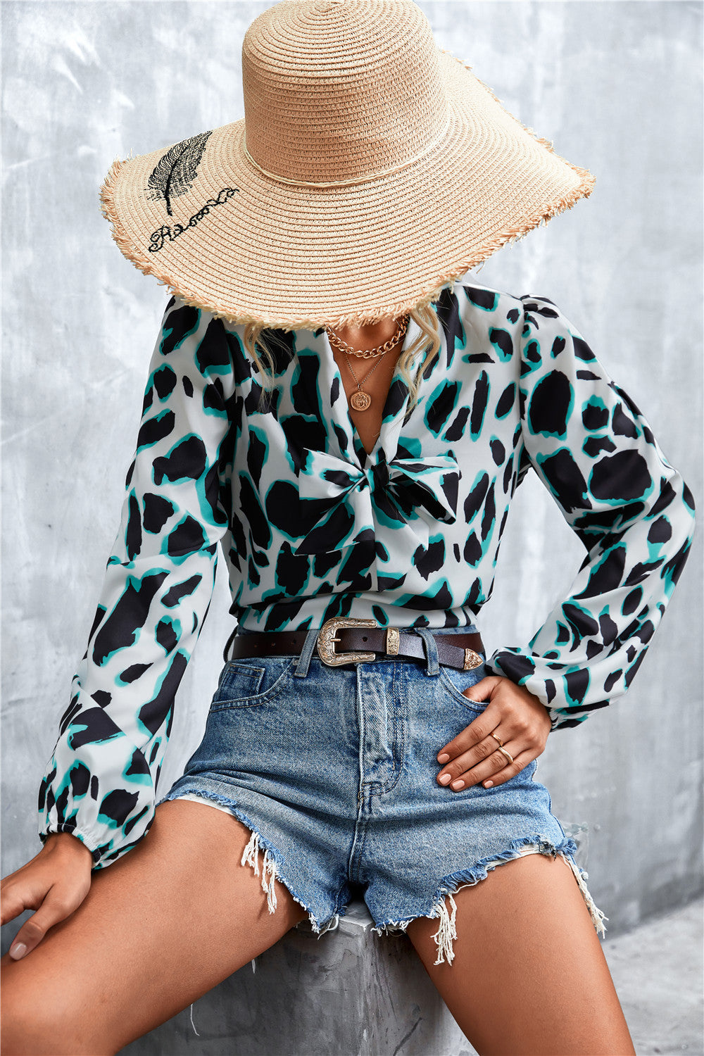 Printed Tie Neck Puff Sleeve Blouse-Teresa&#39;s Fashionista LLC