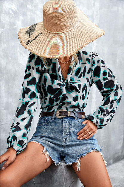 Printed Tie Neck Puff Sleeve Blouse-Teresa&#39;s Fashionista LLC