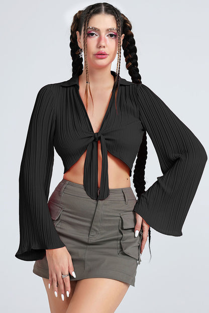 Tie Front Johnny Collar Flare Sleeve Cropped Top-Teresa&#39;s Fashionista LLC