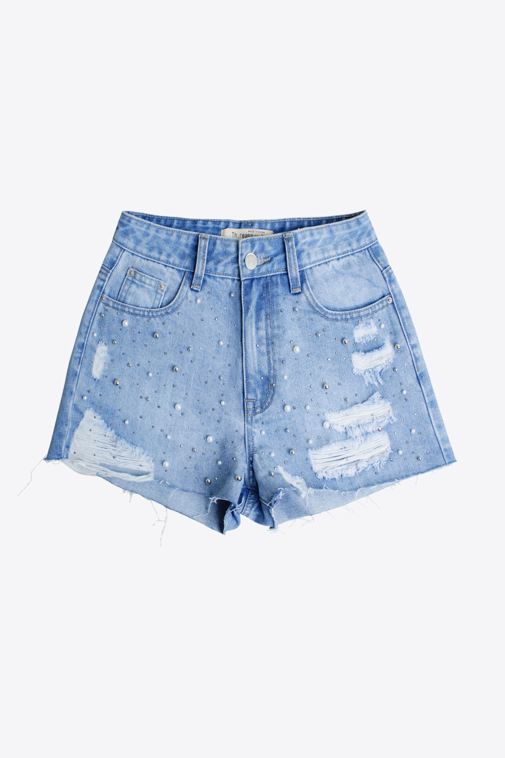 Full Size Distressed Bead Denim Shorts-Teresa&#39;s Fashionista LLC