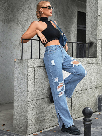 Distressed Slit Jeans-Teresa&#39;s Fashionista LLC