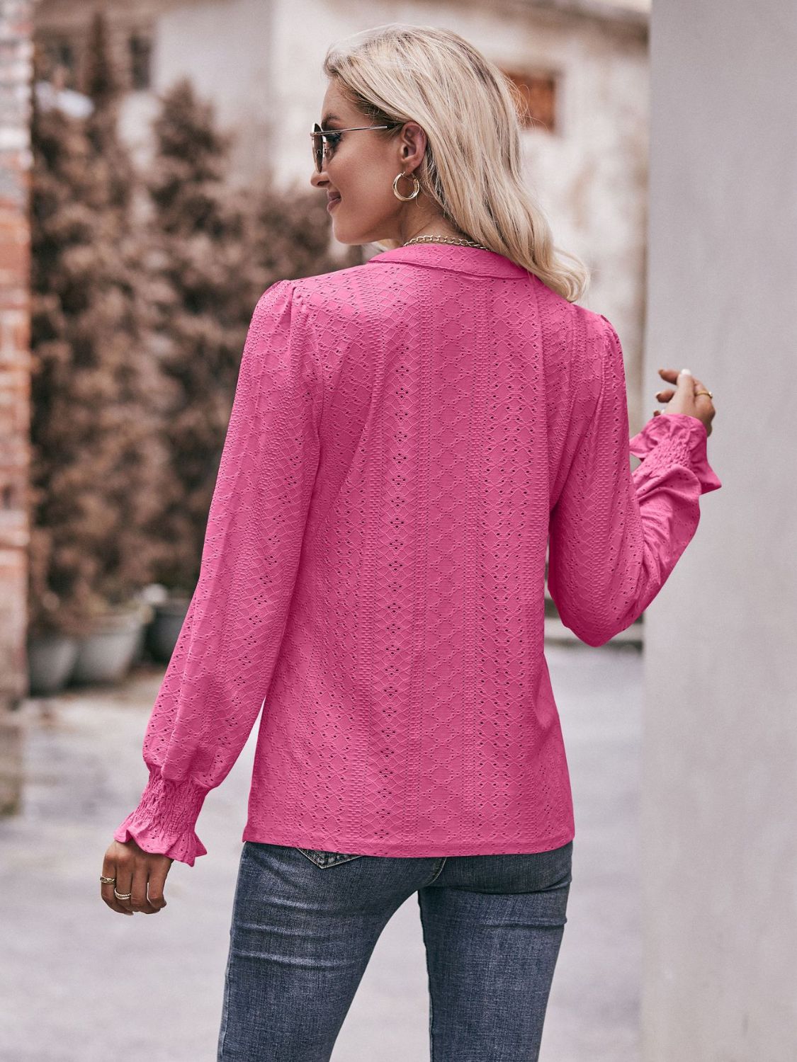 Eyelet Notched Neck Flounce Sleeve Blouse-Teresa&#39;s Fashionista LLC