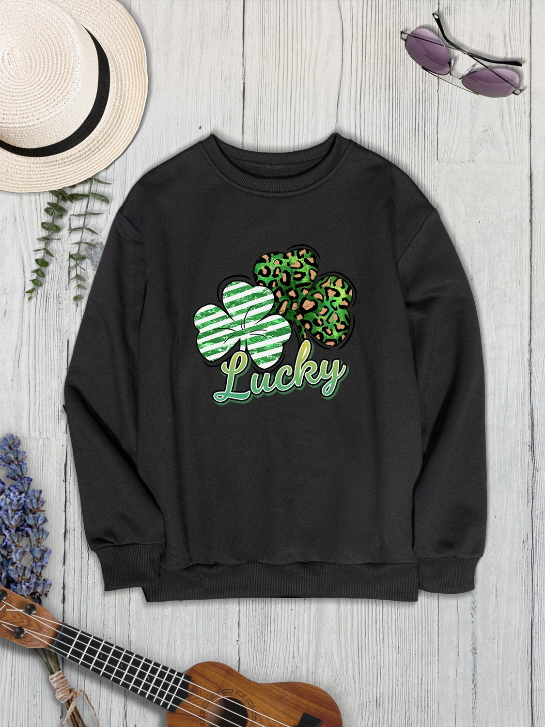 Lucky Clover Round Neck Dropped Shoulder Sweatshirt-Teresa&#39;s Fashionista LLC