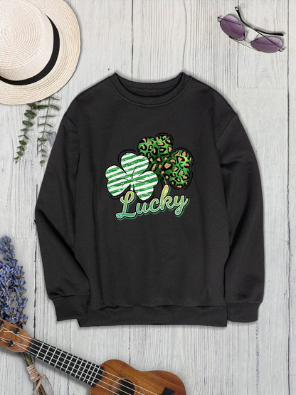 Lucky Clover Round Neck Dropped Shoulder Sweatshirt-Teresa&#39;s Fashionista LLC