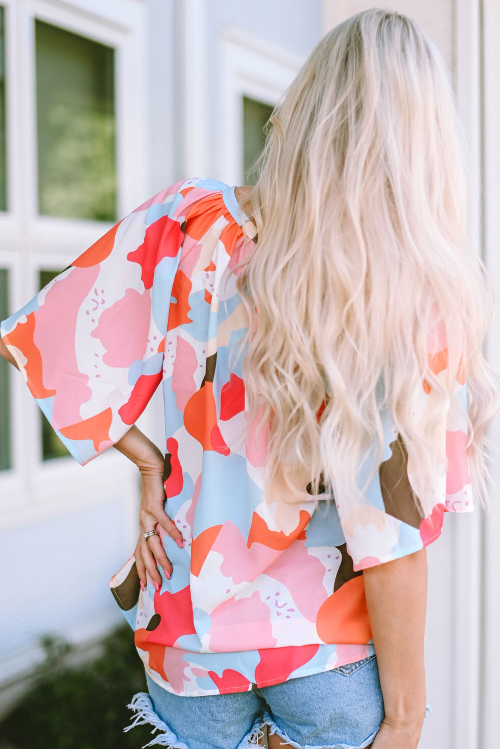 Printed Notched Neck Half Sleeve Blouse-Teresa&#39;s Fashionista LLC