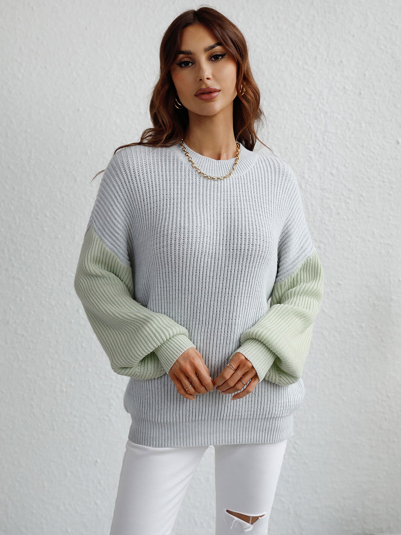 Two-Tone Rib-Knit Dropped Shoulder Sweater-Teresa&#39;s Fashionista LLC