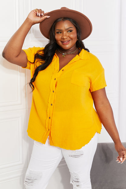 Zenana Full Size Summer Breeze Gauze Short Sleeve Shirt in Mustard-Teresa&#39;s Fashionista LLC