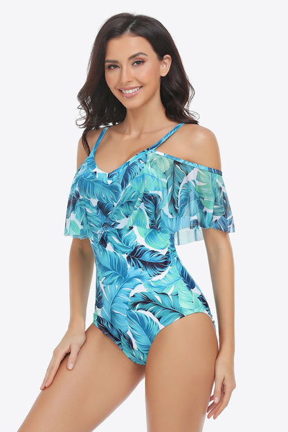 Botanical Print Cold-Shoulder Layered One-Piece Swimsuit-Teresa&#39;s Fashionista LLC