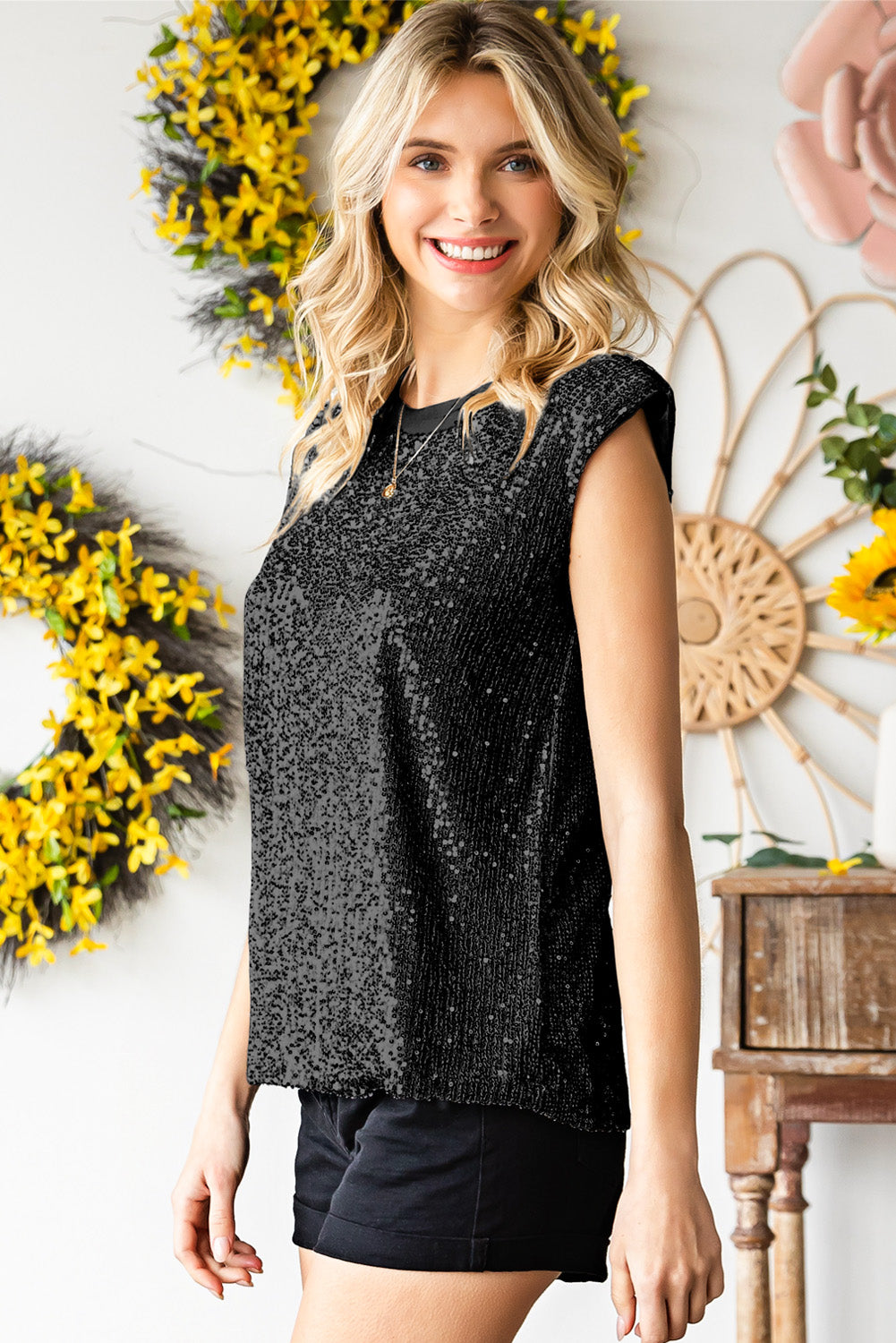 Sequin Round Neck Capped Sleeve Tank-Teresa&#39;s Fashionista LLC