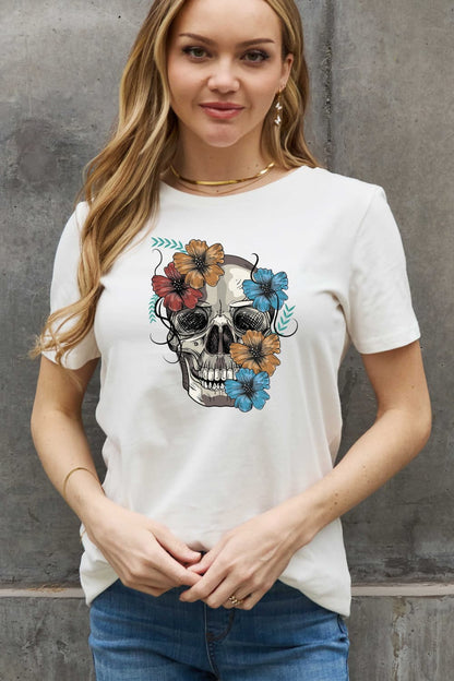 Simply Love Full Size Flower Skull Graphic Cotton Tee-Teresa&#39;s Fashionista LLC