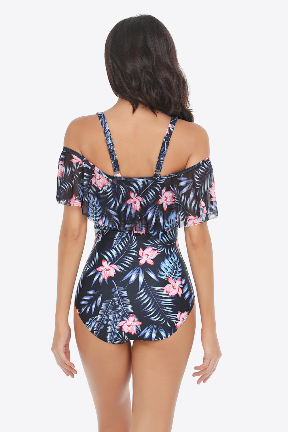 Botanical Print Cold-Shoulder Layered One-Piece Swimsuit-Teresa&#39;s Fashionista LLC