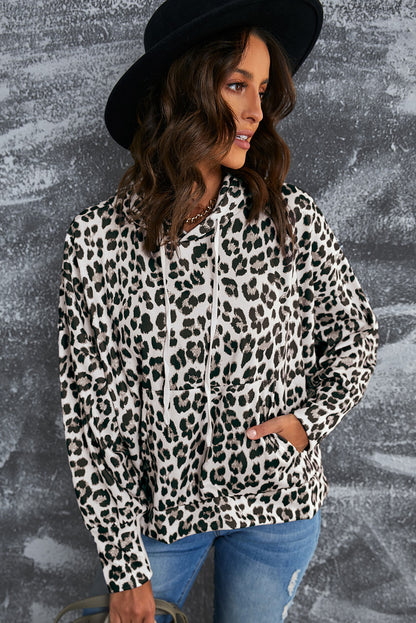 Leopard Print Drawstring Hoodie with Kangaroo Pocket-Teresa&#39;s Fashionista LLC