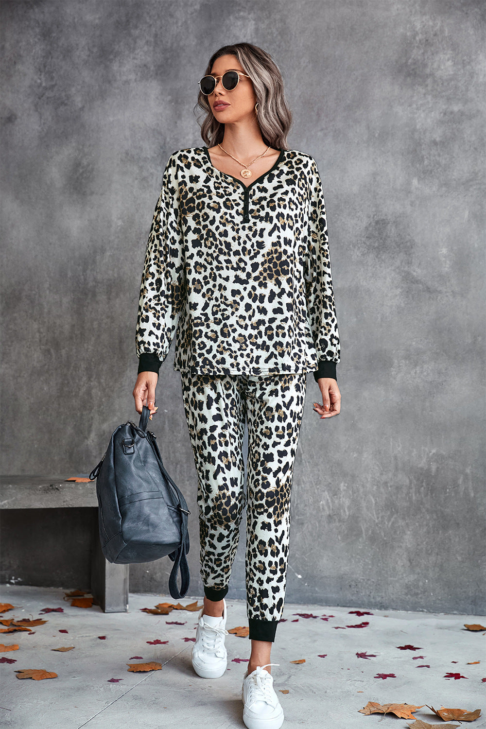 Leopard V-Neck Dropped Shoulder Loungewear Set-Teresa&#39;s Fashionista LLC