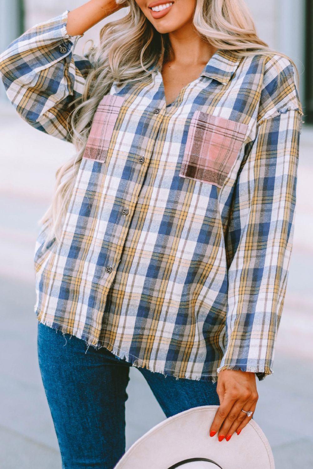 Plaid Raw Hem Dropped Shoulder Johnny Collar Shirt-Teresa&#39;s Fashionista LLC