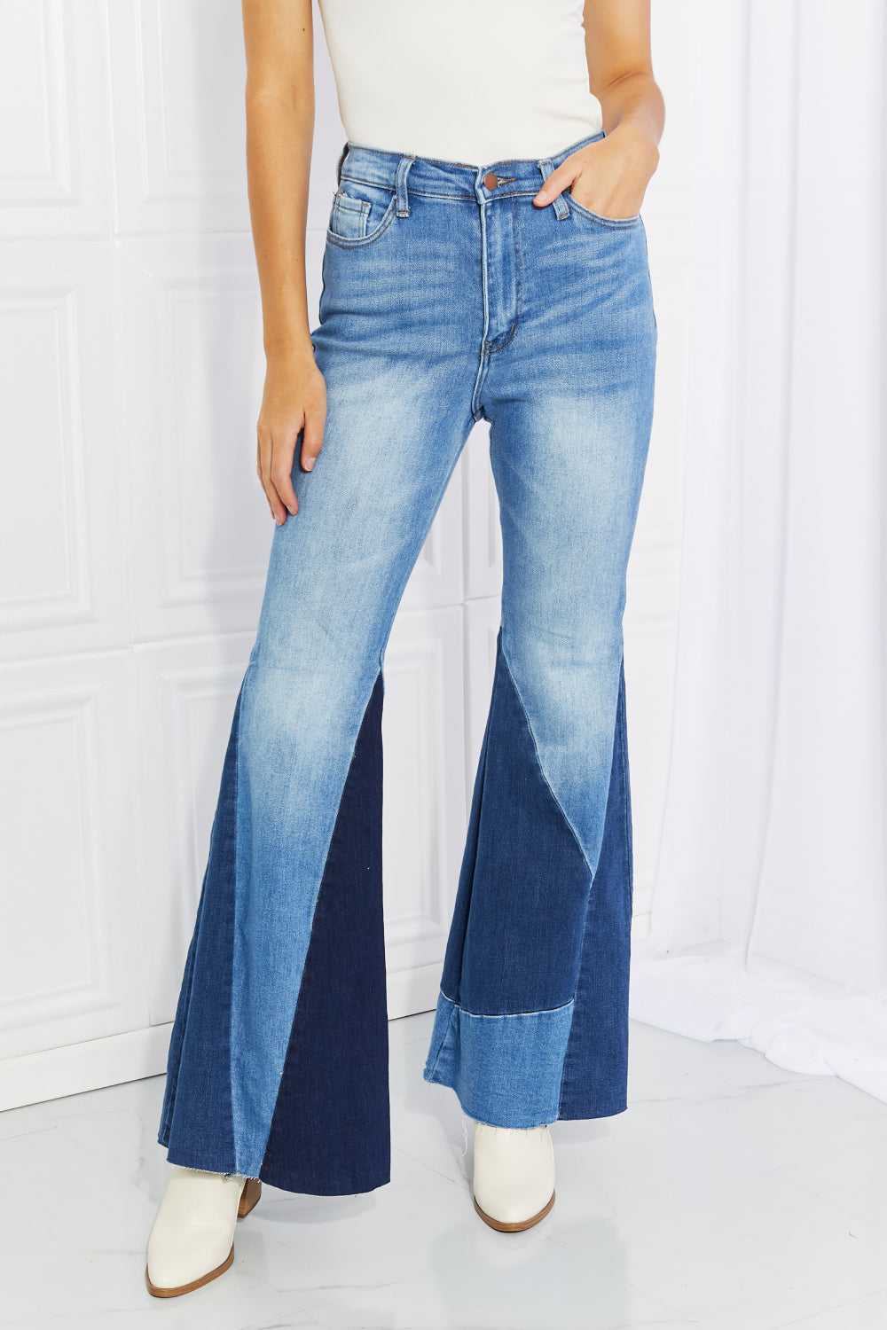 Vibrant Sienna Full Size Color Block Flare Jeans-Teresa&#39;s Fashionista LLC