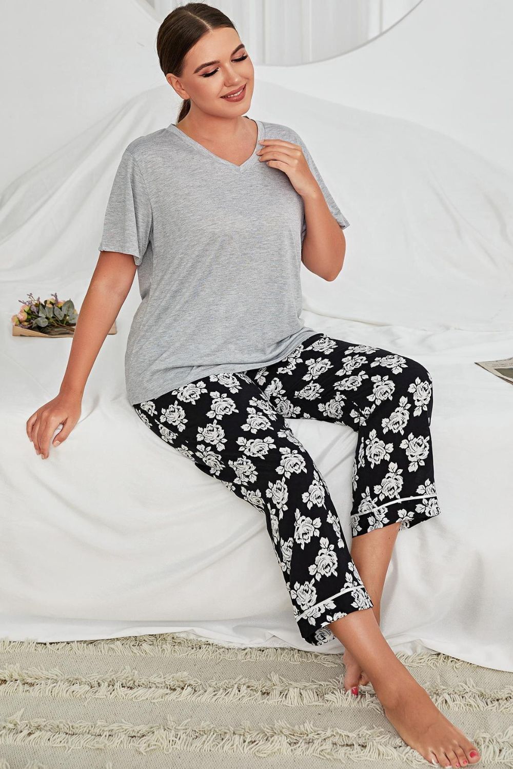 Plus Size V-Neck Tee and Floral Pants Lounge Set-Teresa&#39;s Fashionista LLC