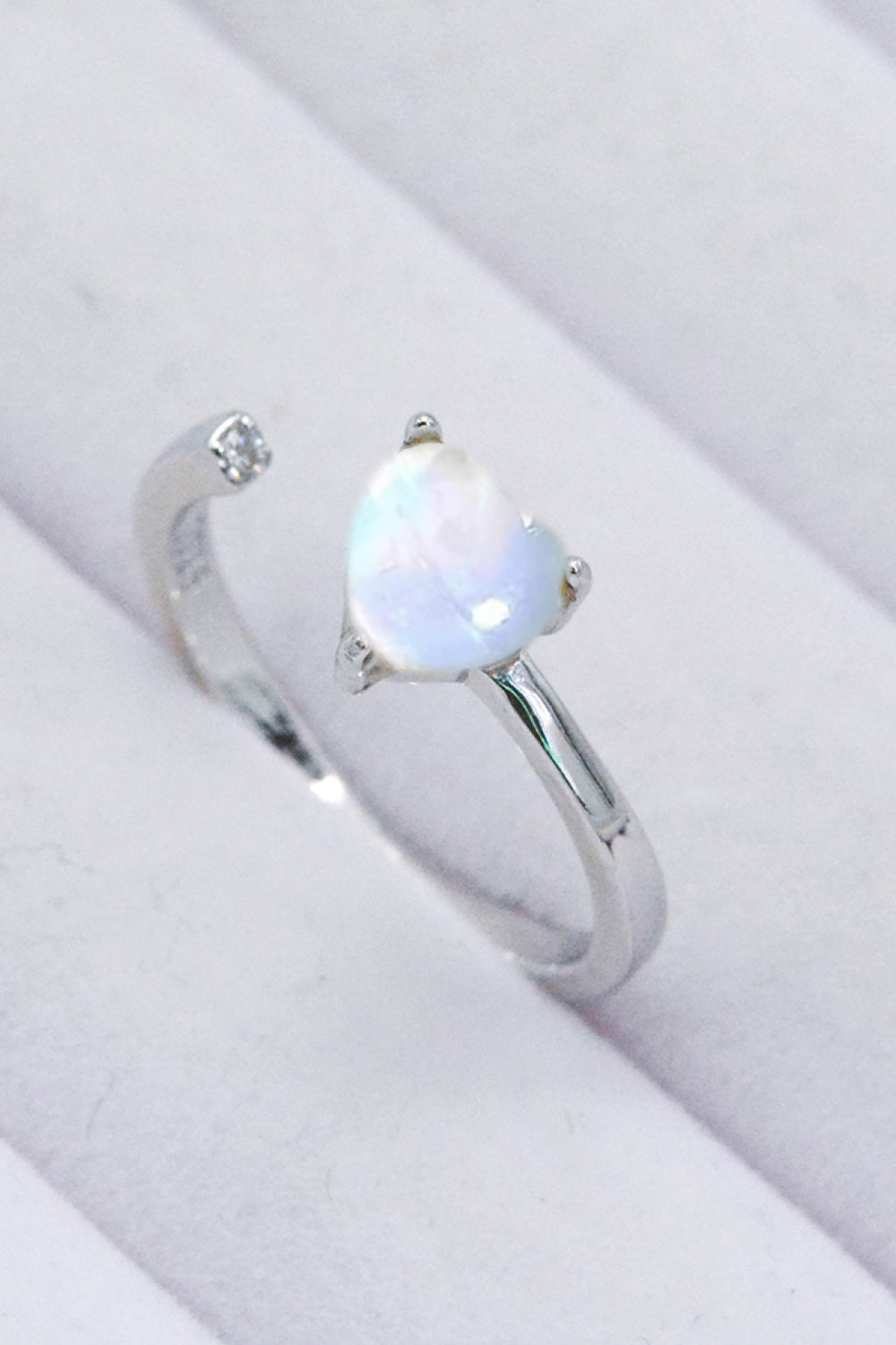 Inlaid Moonstone Heart Adjustable Open Ring-Teresa&#39;s Fashionista LLC