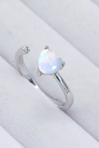 Inlaid Moonstone Heart Adjustable Open Ring-Teresa&#39;s Fashionista LLC