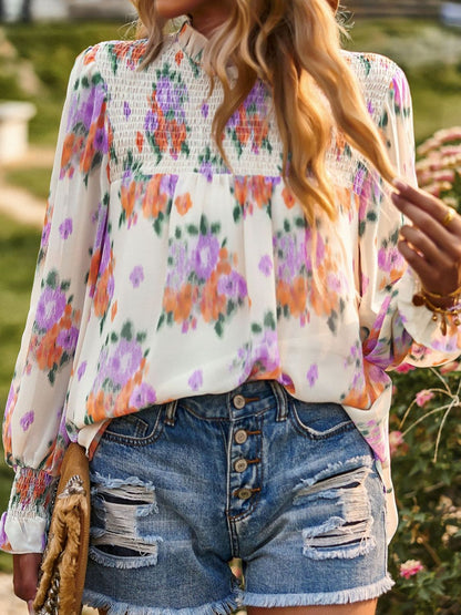 Floral Smocked Lantern Sleeve Blouse-Teresa&#39;s Fashionista LLC