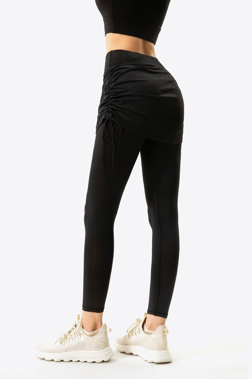 Drawstring Ruched Faux Layered Yoga Leggings-Teresa&#39;s Fashionista LLC