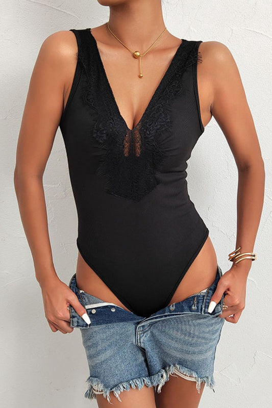 Spliced Lace Deep V Sleeveless Bodysuit - Teresa's Fashionista LLC
