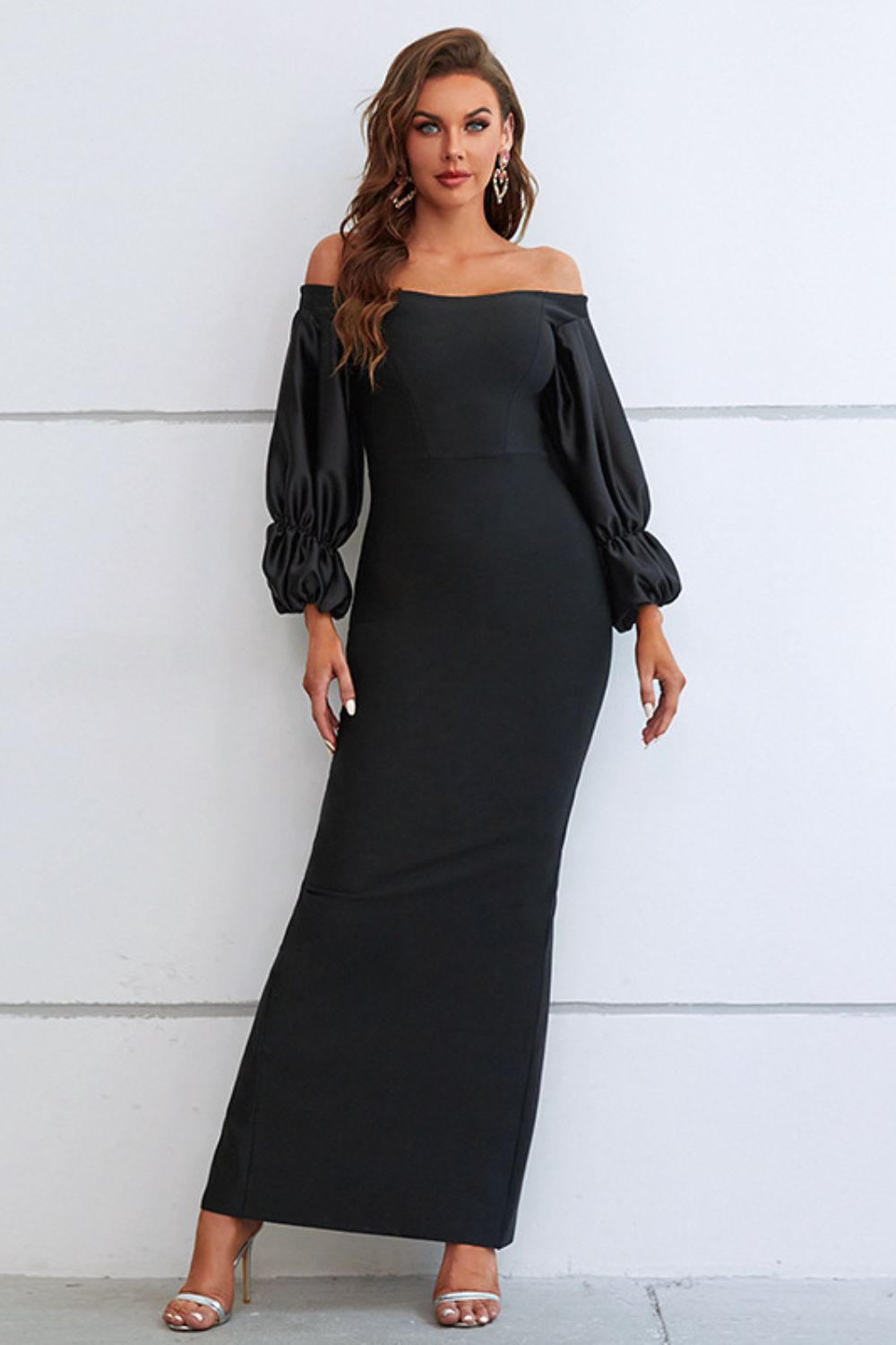 Off-Shoulder Bubble Sleeve Slit Dress-Teresa&#39;s Fashionista LLC