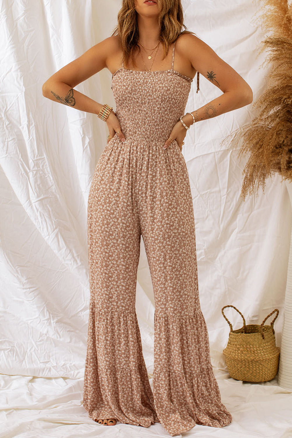 Floral Spaghetti Strap Smocked Wide Leg Jumpsuit-Teresa&#39;s Fashionista LLC