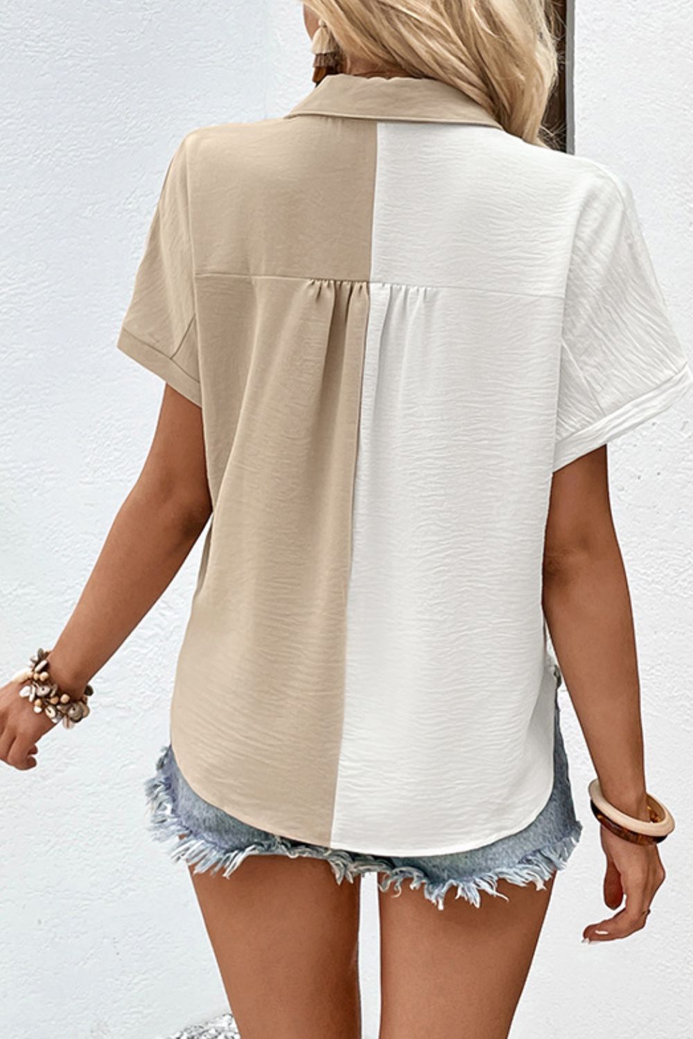 Two-Tone Contrast Short Sleeve Shirt-Teresa&#39;s Fashionista LLC