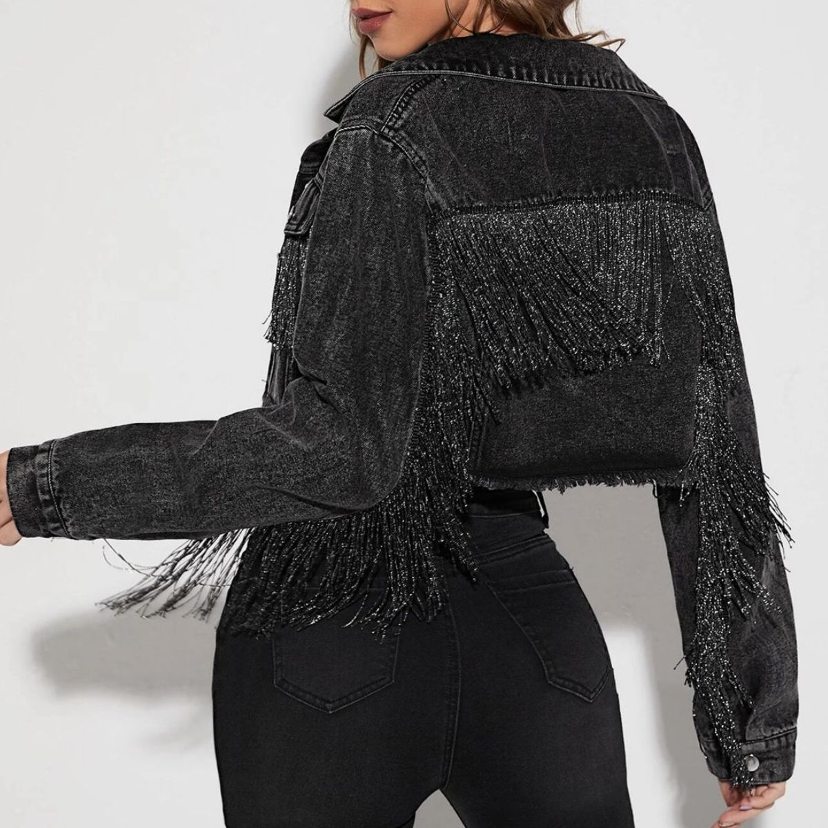 Fringe Detail Long Sleeve Cropped Denim Jacket-Teresa&#39;s Fashionista LLC