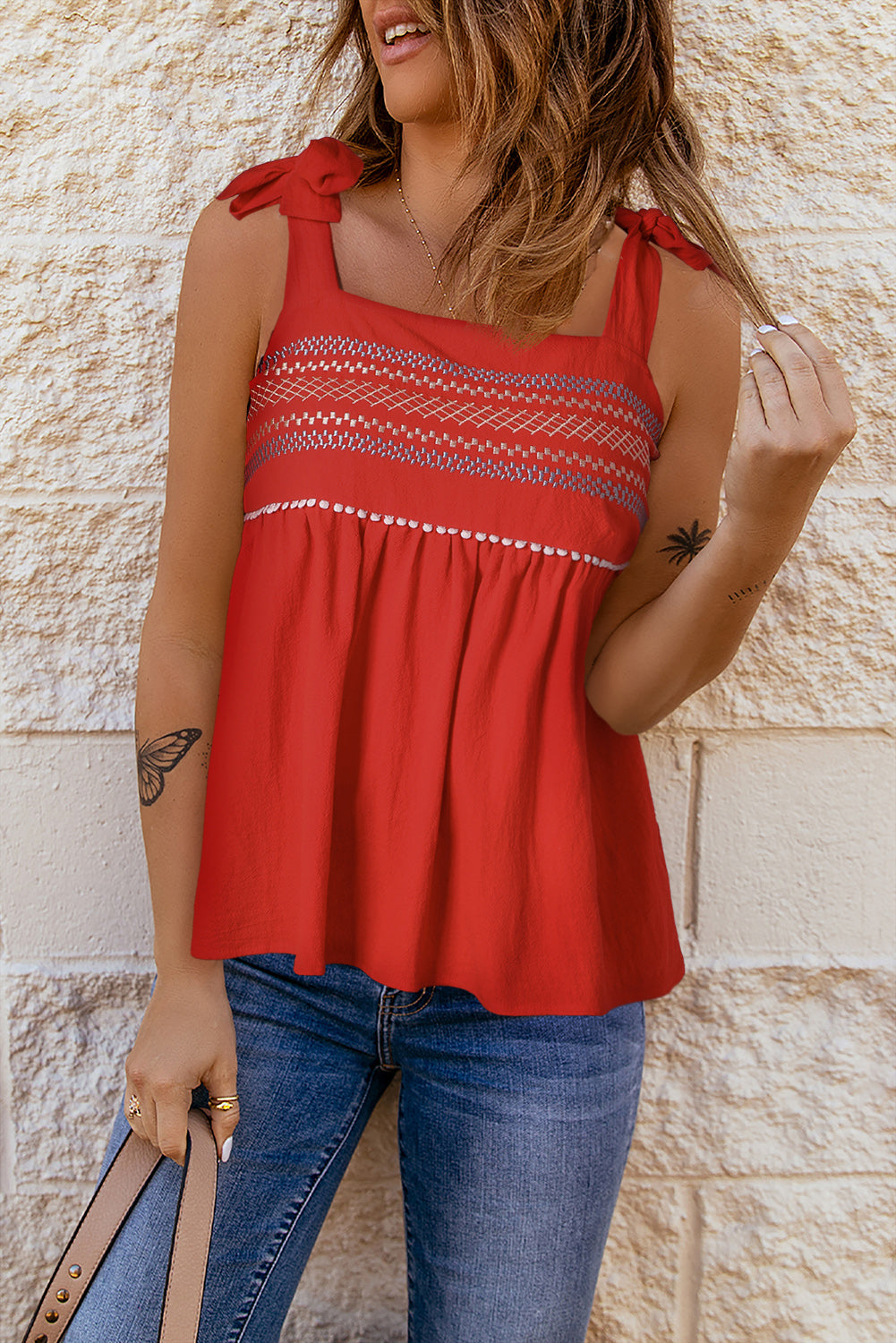 Embroidered Tie-Shoulder Babydoll Tank-Teresa&#39;s Fashionista LLC