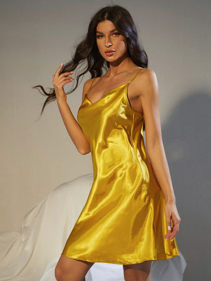 Spaghetti Strap Cowl Neck Satin Night Dress-Teresa&#39;s Fashionista LLC