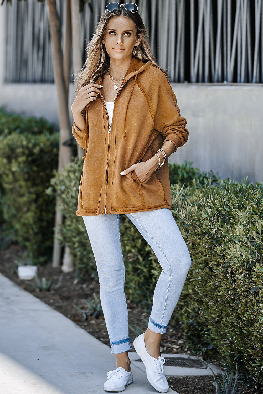 Exposed Seam Drawstring Hooded Jacket with Pockets-Teresa&#39;s Fashionista LLC