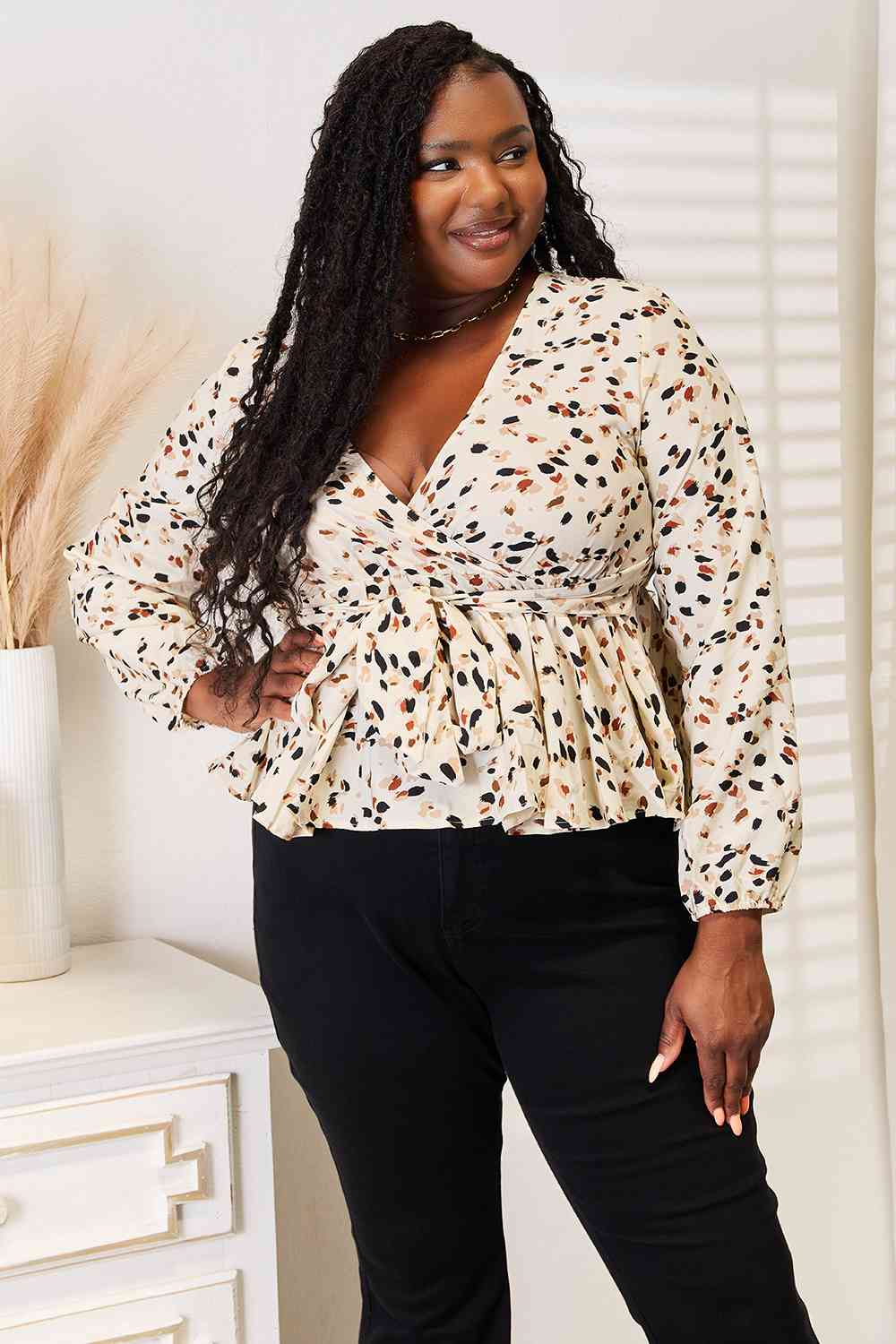 Double Take Printed Tied Plunge Peplum Blouse-Teresa&#39;s Fashionista LLC