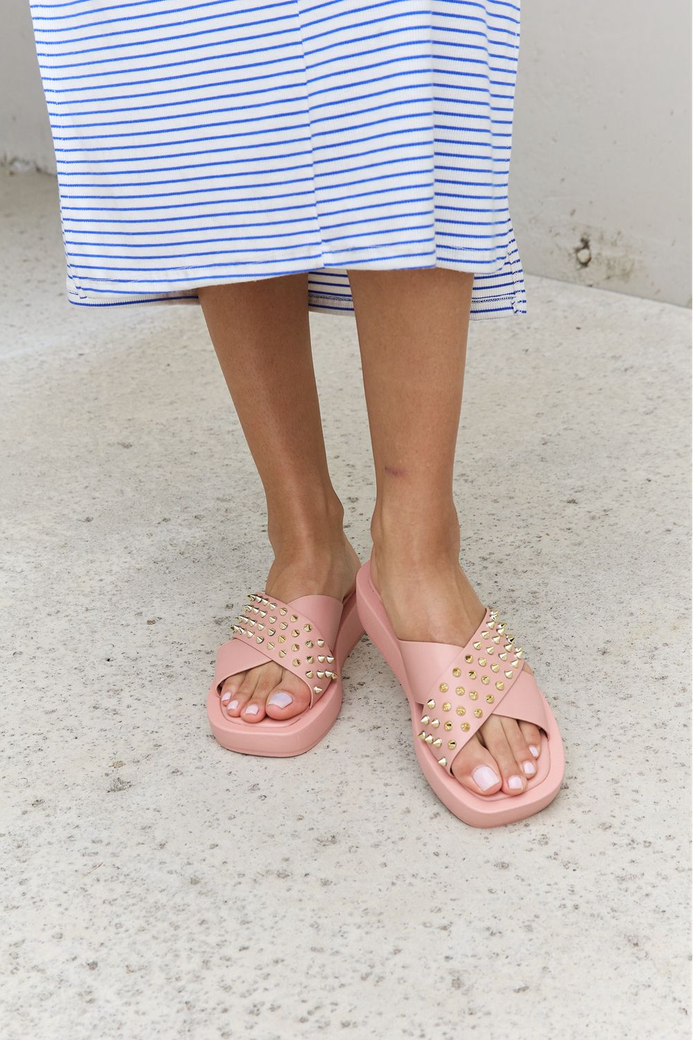 Forever Link Studded Cross Strap Sandals in Blush-Teresa&#39;s Fashionista LLC