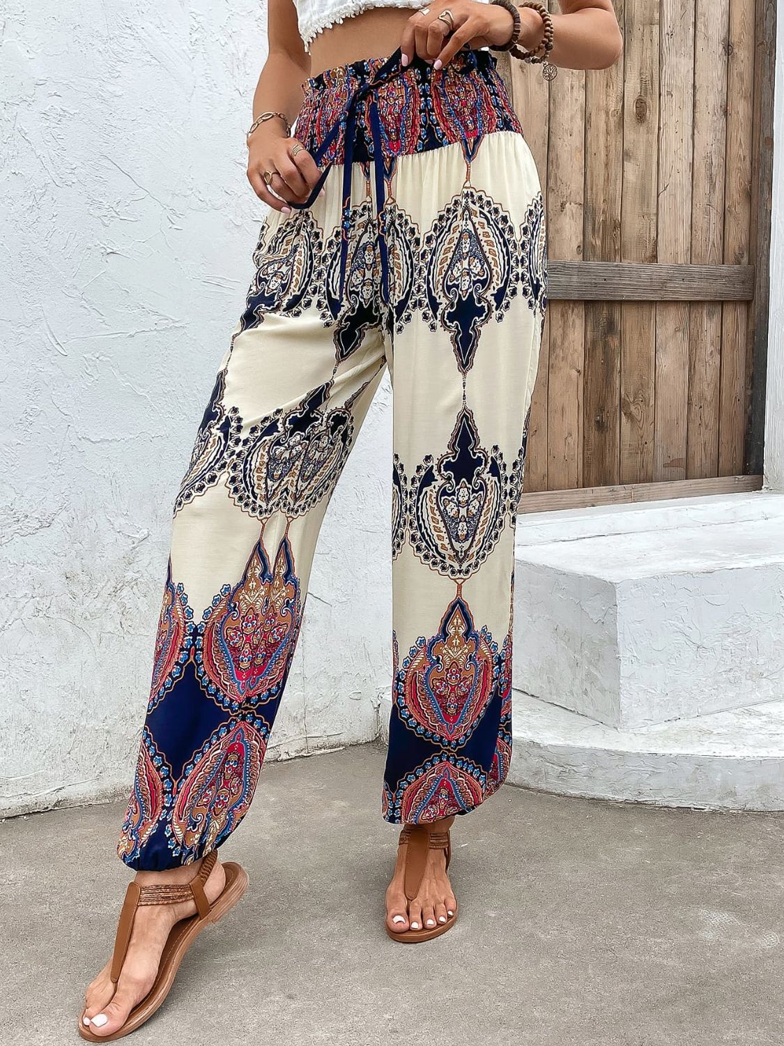 Printed Smocked High Waist Pants-Teresa&#39;s Fashionista LLC