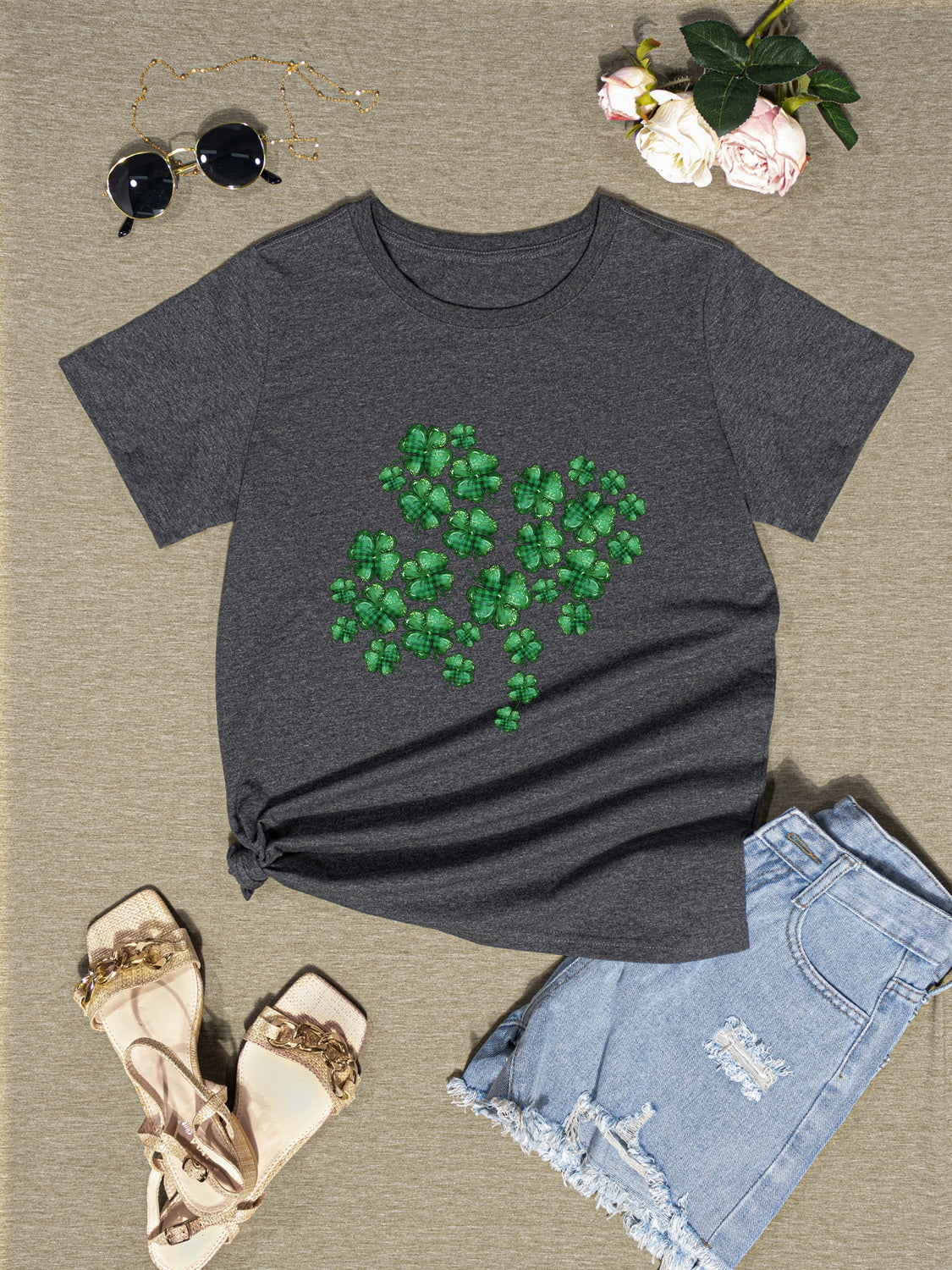 Lucky Clover Round Neck T-Shirt-Teresa&#39;s Fashionista LLC