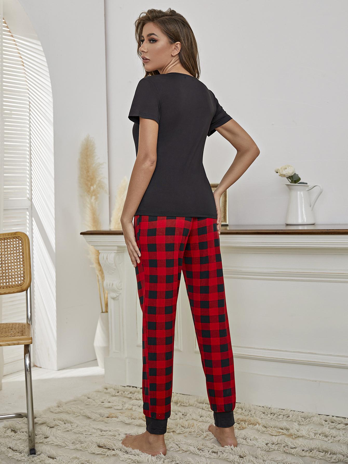 Heart Graphic Tee and Plaid Joggers Lounge Set-Teresa&#39;s Fashionista LLC