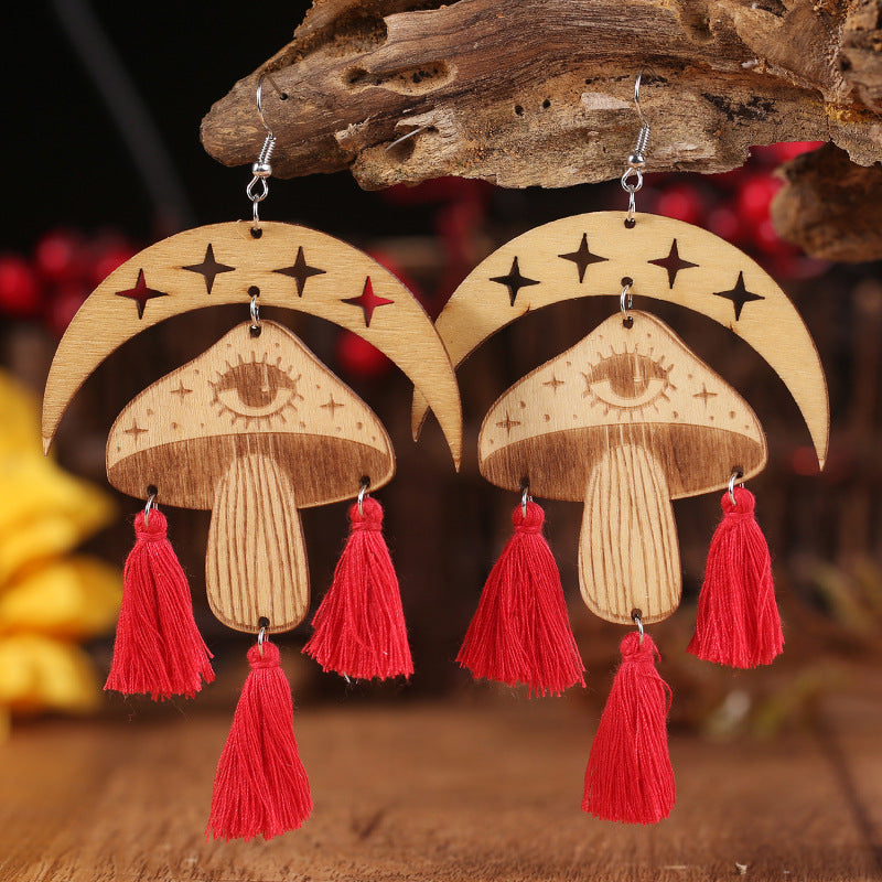 Moon & Mushroom Tassel Detail Dangle Earrings-Teresa&#39;s Fashionista LLC