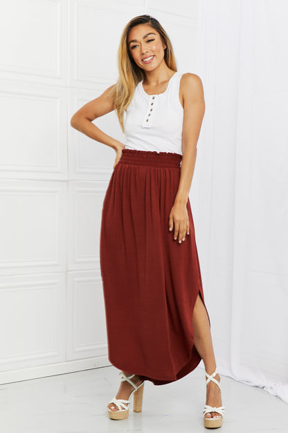 Zenana It's My Time Full Size Side Scoop Scrunch Skirt in Dark Rust-Teresa&#39;s Fashionista LLC