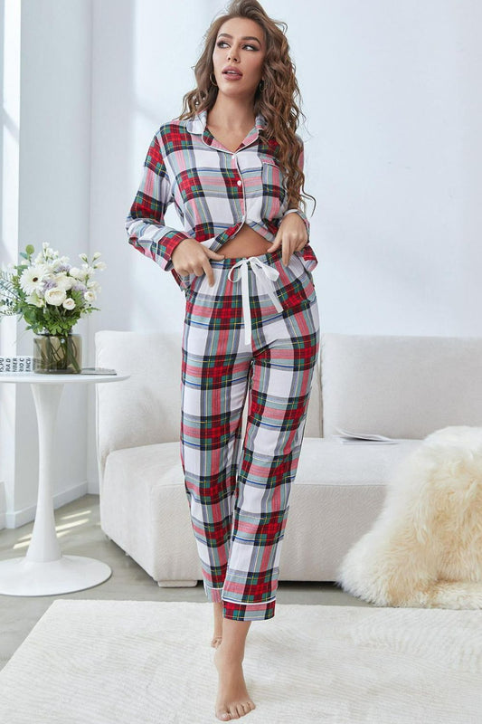 Plaid Button Front Top and Pants Lounge Set-Teresa&#39;s Fashionista LLC