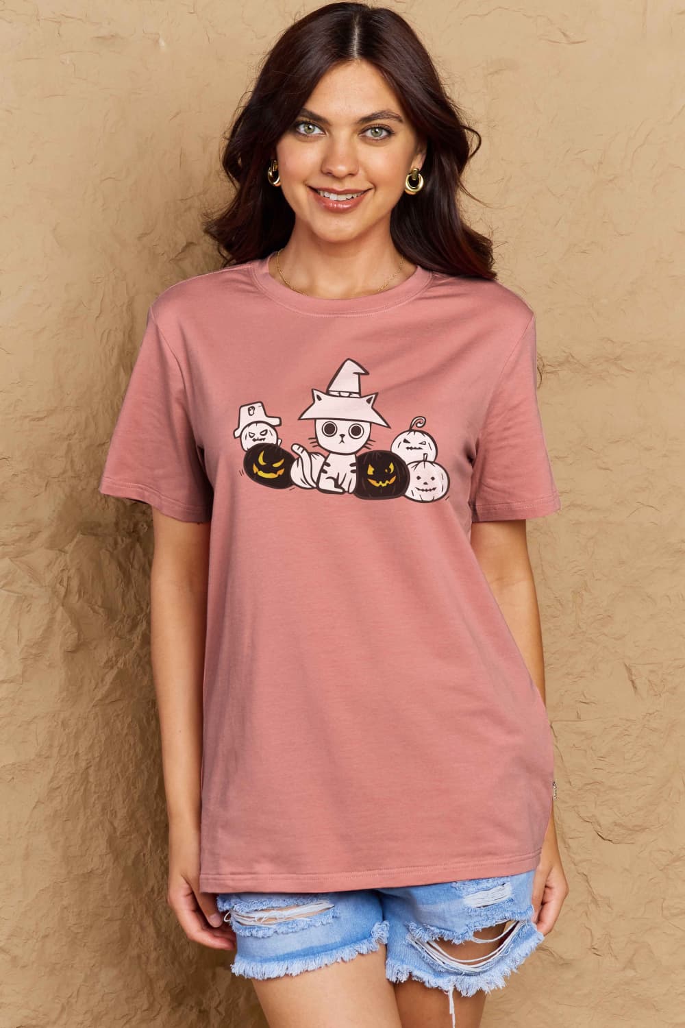 Simply Love Full Size Cat & Pumpkin Graphic Cotton T-Shirt-Teresa&#39;s Fashionista LLC