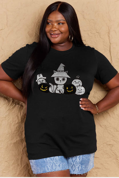 Simply Love Full Size Cat & Pumpkin Graphic Cotton T-Shirt-Teresa&#39;s Fashionista LLC