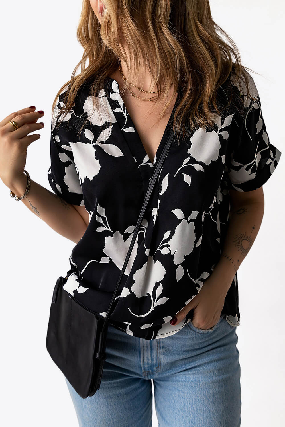 Floral Notched Neck Cuffed Short Sleeve Blouse-Teresa&#39;s Fashionista LLC